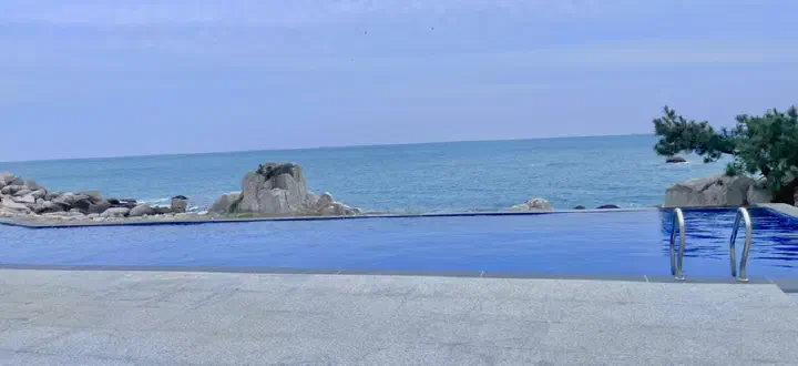 Wide view of the 20m infinity pool at Ocean Bliss - the pool meets the horizon