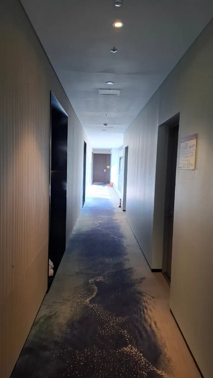 Tanibay Hotel guest floor corridor with ocean wave pattern carpet