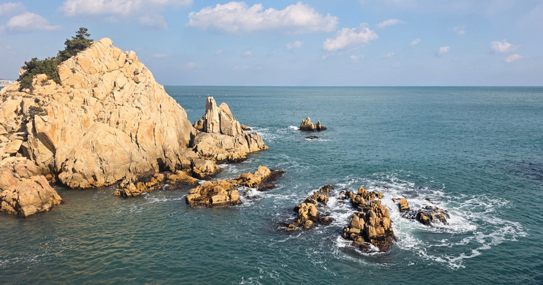 Daewangam Park suspension bridge and East Sea rock formations in Ulsan