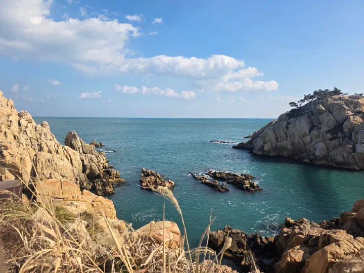 Panorama of Daewangam rocks and the blue sea